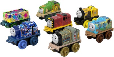 Thomas de Trein - Minitreintjes 7 pak: Thomas & Friends 1 Minis 7-Pack - Classic Salty, Classic Stephen, Robot Henry, Monkey Popart Duck, Camo Belle & Neon Splatter Cargo Car (Thomas